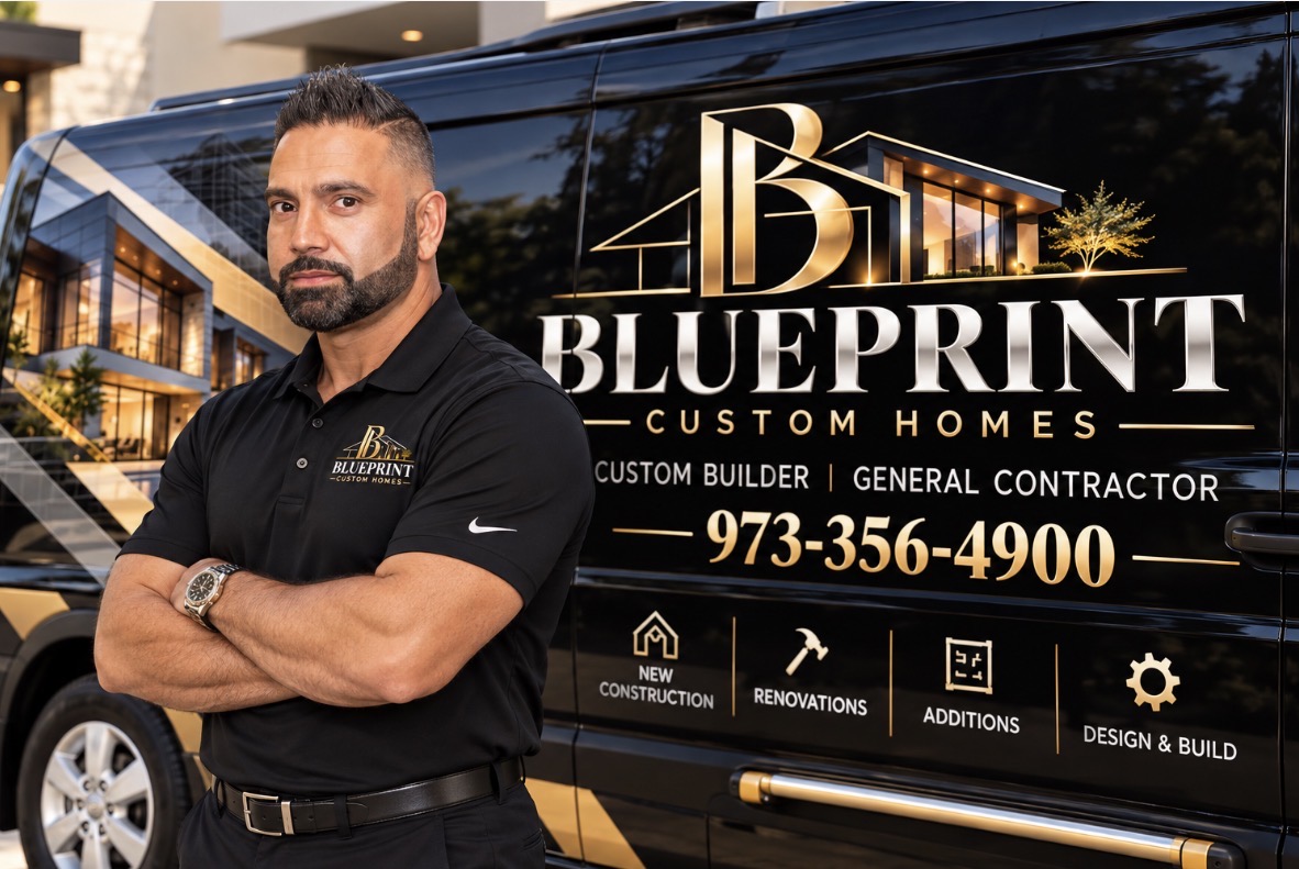Alex, founder of Blueprint Custom Homes, standing beside the branded Blueprint Custom Homes van