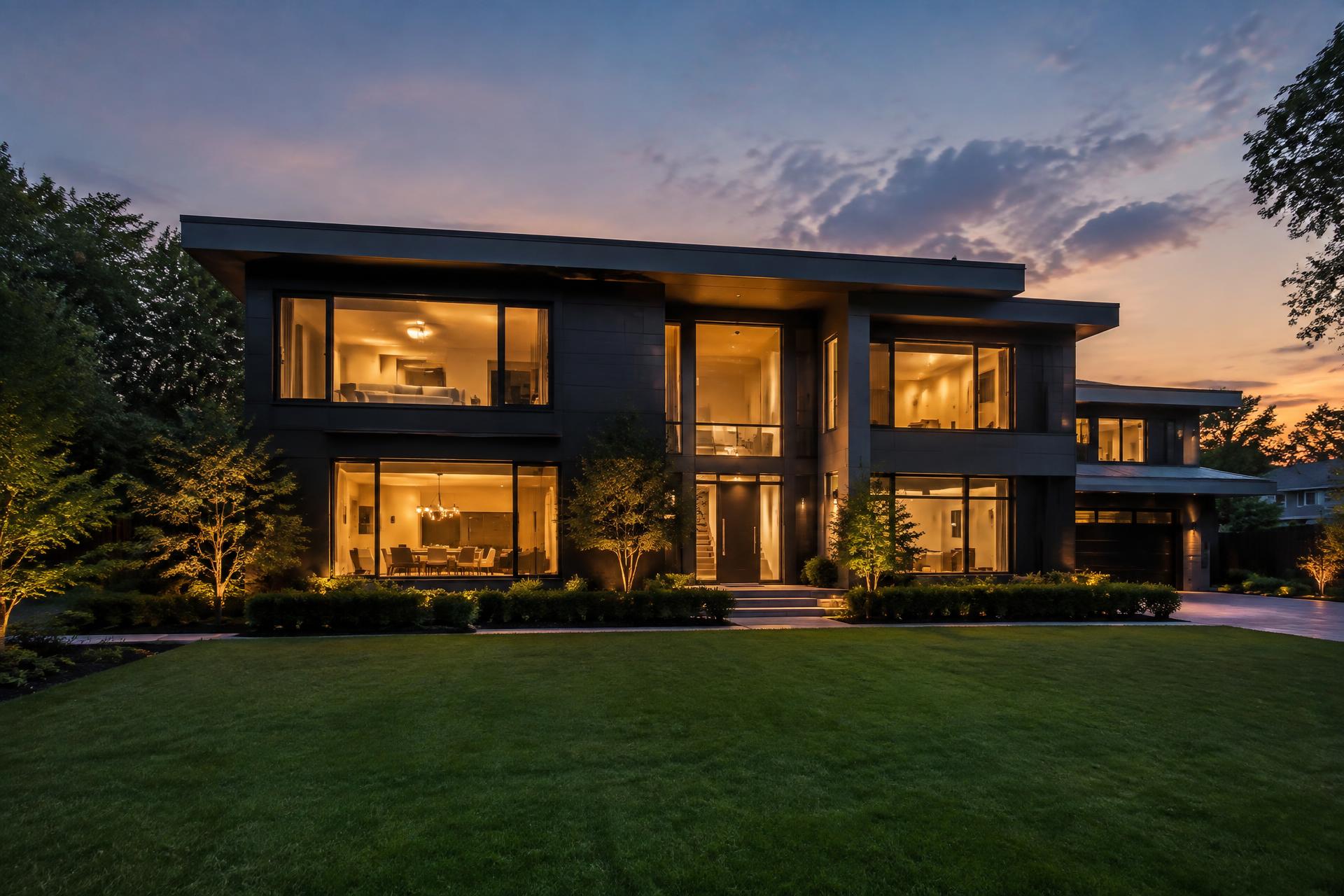 Modern luxury custom home in New Jersey glowing at dusk