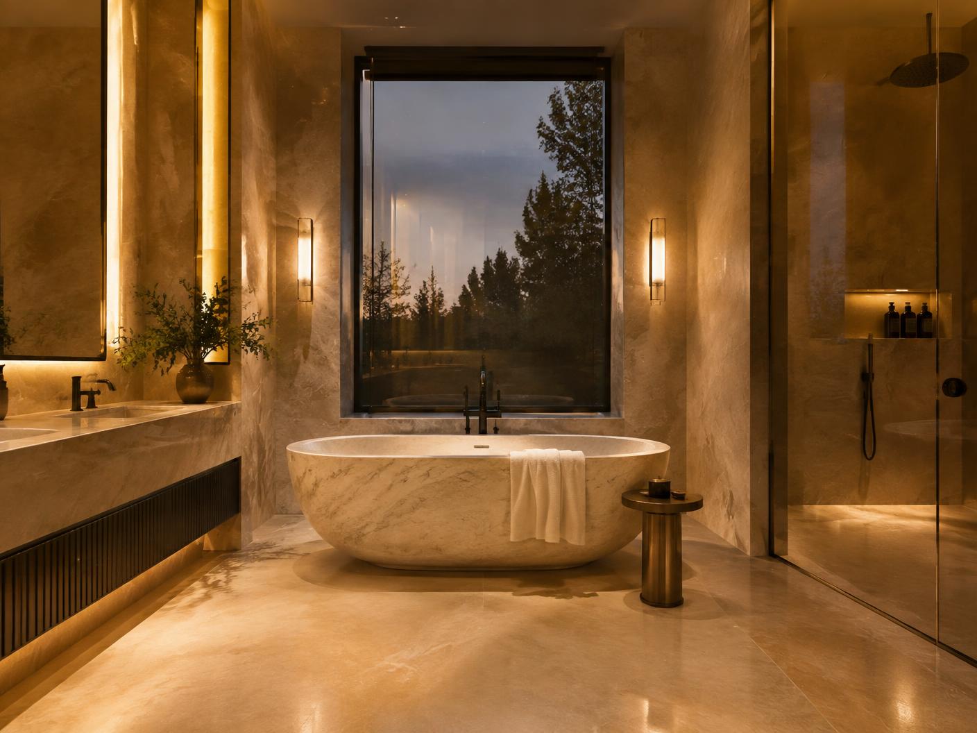 Renovated spa bathroom with stone tub