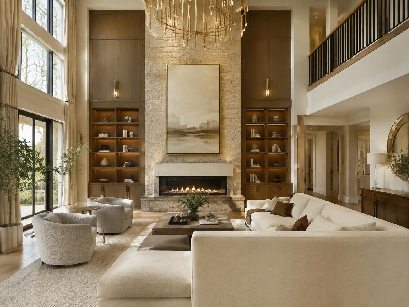 Renovated great room with stone fireplace and brass chandelier