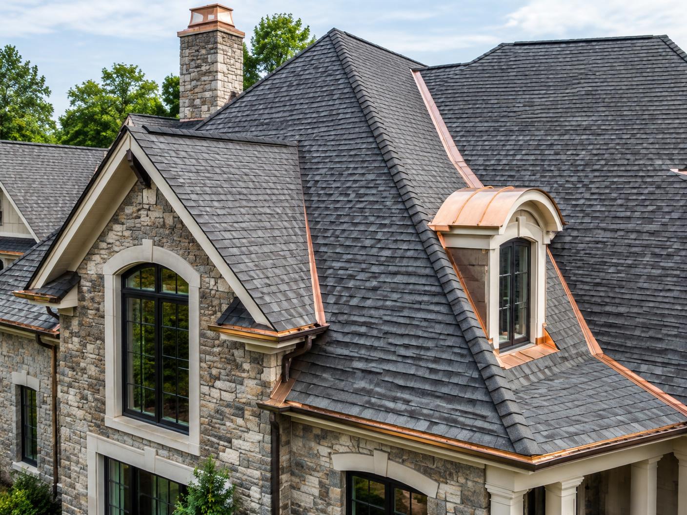 New architectural shingle roof with copper flashing